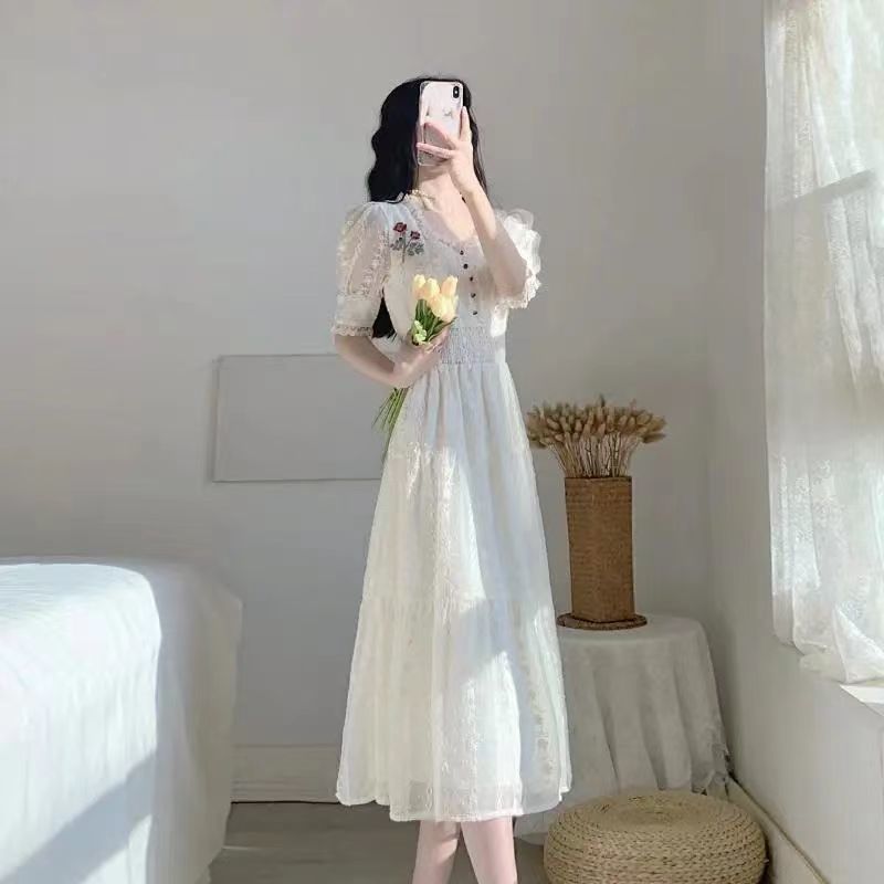 Summer Empire Square Collar Mid-calf Sweet Slim Women’s Clothing Lace Puff Sleeve Embroidery Floral Pullover Dresses Youth Dream alx