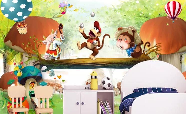 3D Cartoon Forest Animal Monkey Mushroom Wall Mural Wallpaper Lqh 296