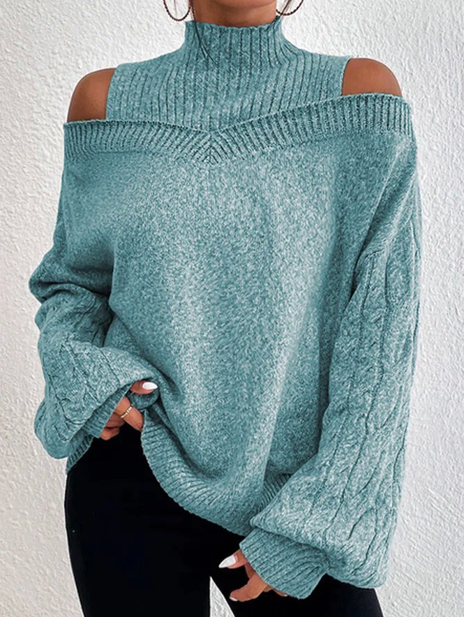 Turtleneck Kintted Sweater Women Off Shoulder Pullovers Autumn Winter Warm Thick Jumpers Gray Hollow Out Y2k E-girl Jumper alx