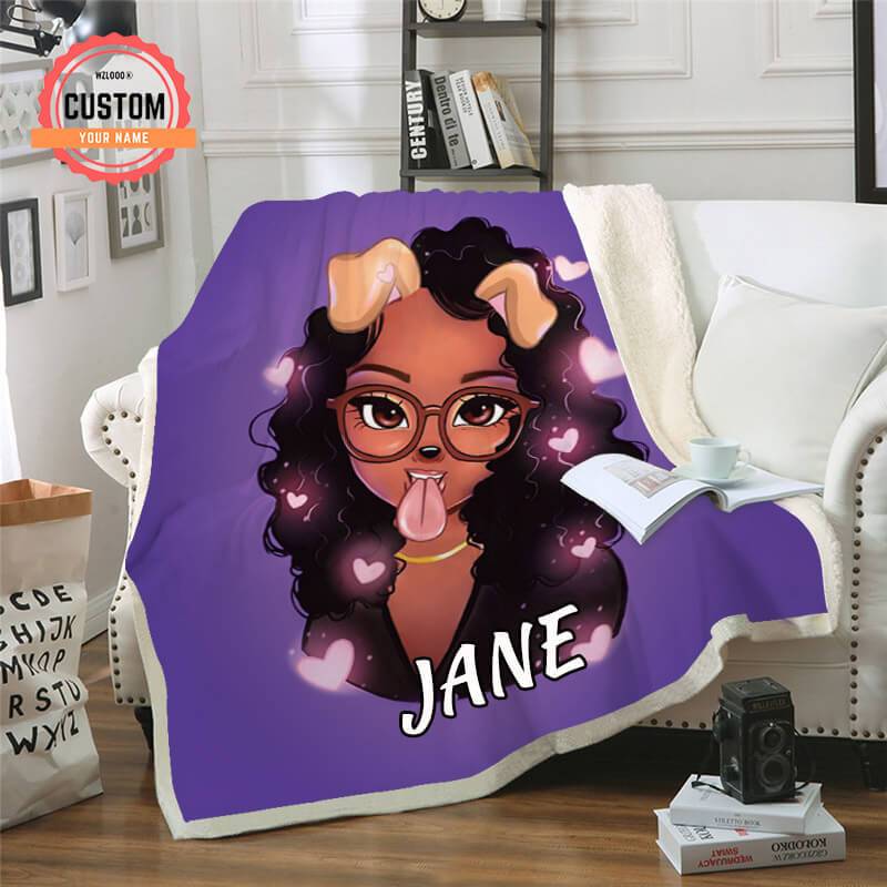 Black Girl Cartoon Puppy Custom Name Plush Fleece Blanket