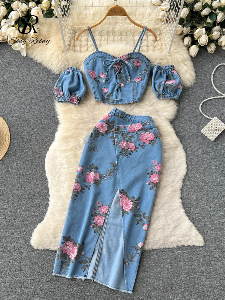 SINGREINY Summer Floral Print Denim Two Pieces Sets Women Strapless Elastic Waist Camisole+ Split Long Skirt Set Denim Suits alx