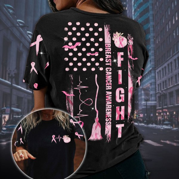 Fight Breast Cancer Awareness Pink Pumpkin Heartbeat And Broomstick Halloween Breast Cancer 3D Clothes