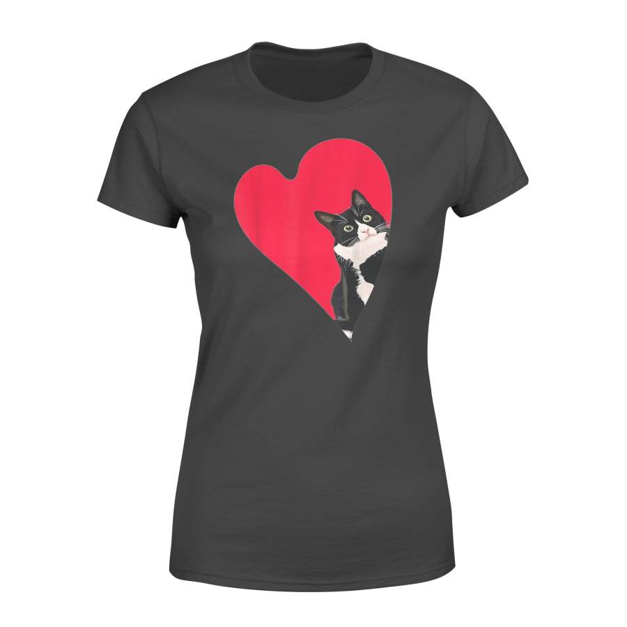 Tuxedo Cat Valentine Heart for Kitten and Animal Lovers T Shirt – Standard Women’s T-shirt