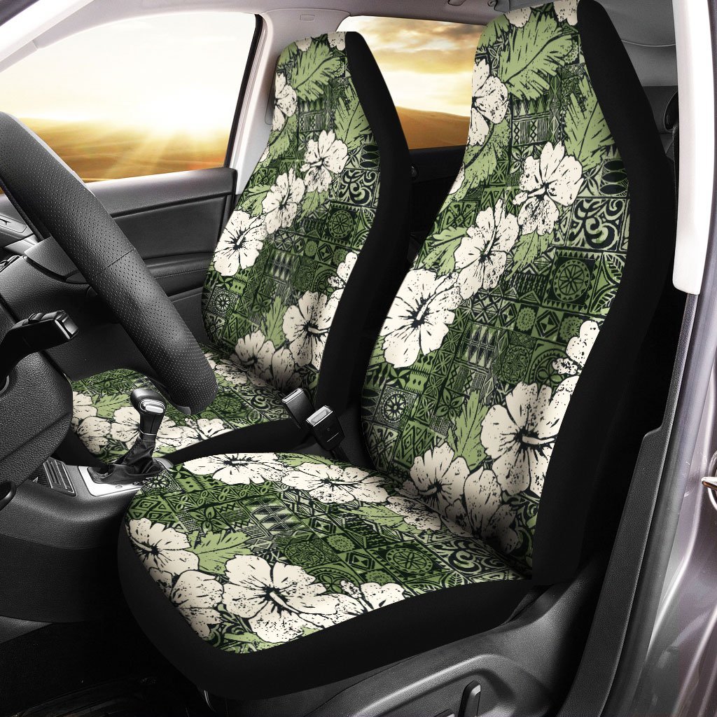 Polynesian Car Seat Cover – Abstract Hibiscus Flowers With Tribal Background Green Color – BN20