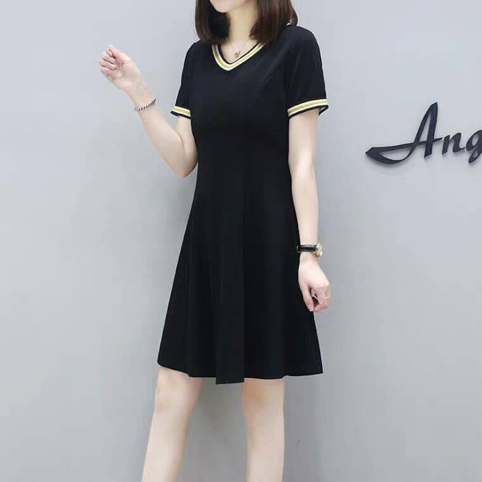 2022 Summer Midi Dresses Women V-Neck T-shirtdress Casual Fashion Stripe Black Dress Student Short Sleeve Clothing Vestidos alx