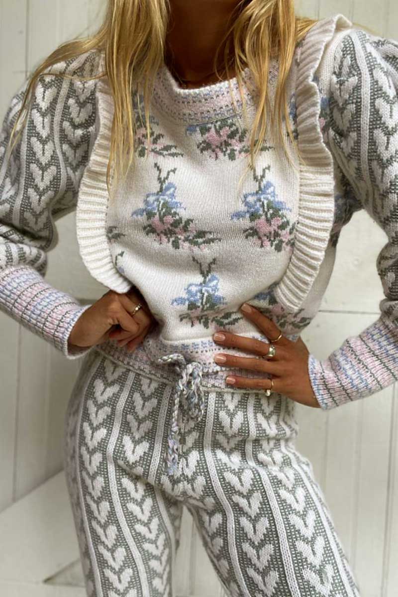 BOHO INSPIRED Blush Pink Multi floral JACQUARD KNIT SWEATER women O-neck ruffle sleeve cropped sweater pullover chic jumper new alx