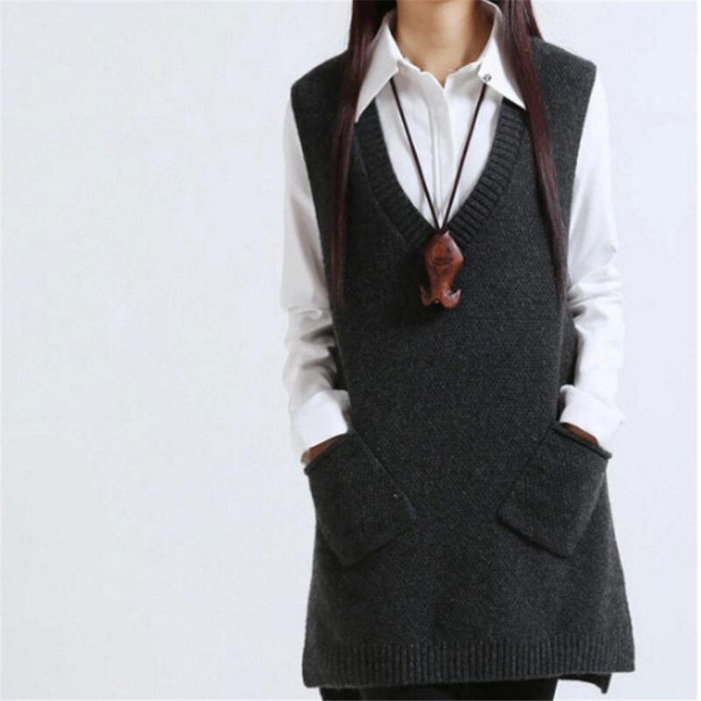 V-neck Knit Long A-shaped Pocket Vest Pullover Sleeveless 2020 Women Sweater Spring Autumn New Korean Women’s alx