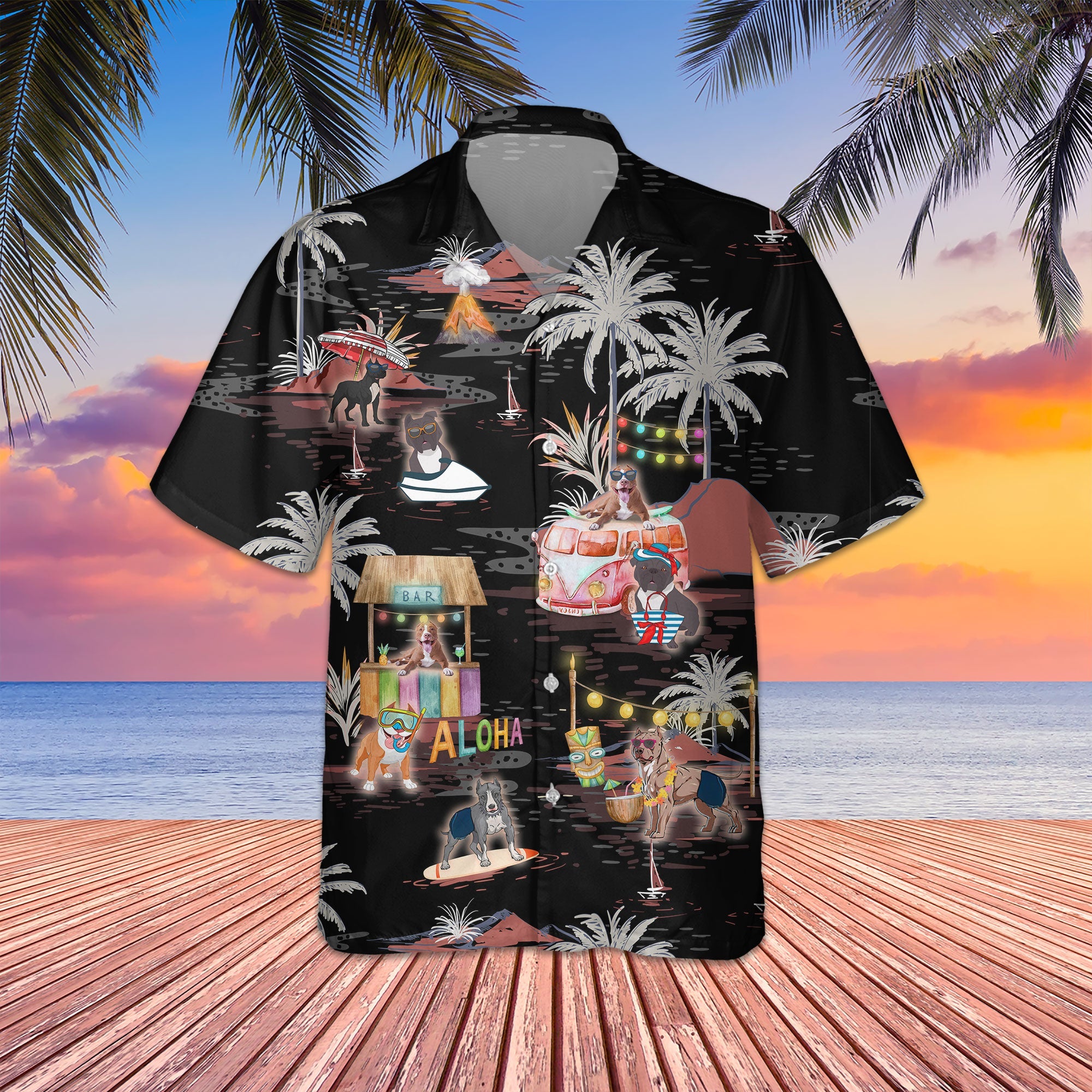 Pitbull Night Beach Hawaiian Shirt, Pitbull Lover Hawaiian Shirt, Aloha Shirt For Dog Lover