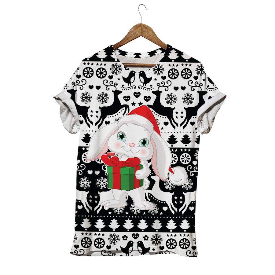 Christmas Rabbit With Santa Claus Hat And Gift Box Ethnic Motif Rabbit T-shirt