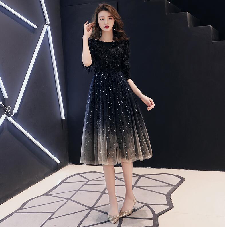 wei yin 2020 New The Banquet Black Tasse A-line Half Sleeve Tea-length Tulle Party Formal Evening Dresses Robe De Soiree WY1671 alx