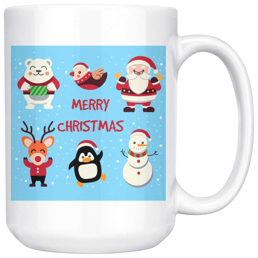 Merry Christmas Mug – Polar Bear, Santa, Penguin, Deer, Snowman & Bird