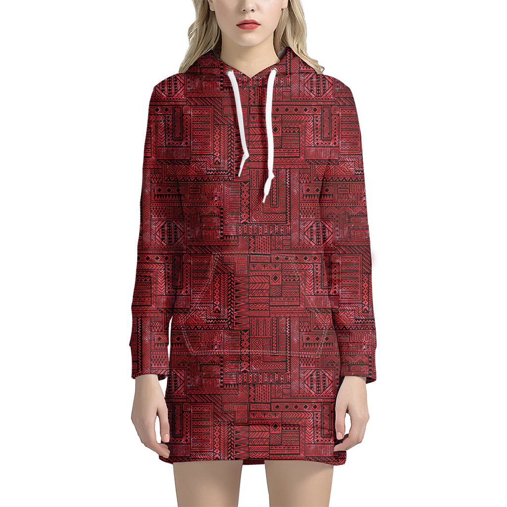 Red And Black African Ethnic Print Women’S Pullover Hoodie Dress