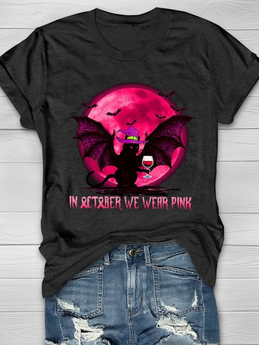 Breast Cancer Awareness In October We Wear Pink Black Cat Tshirt Hg