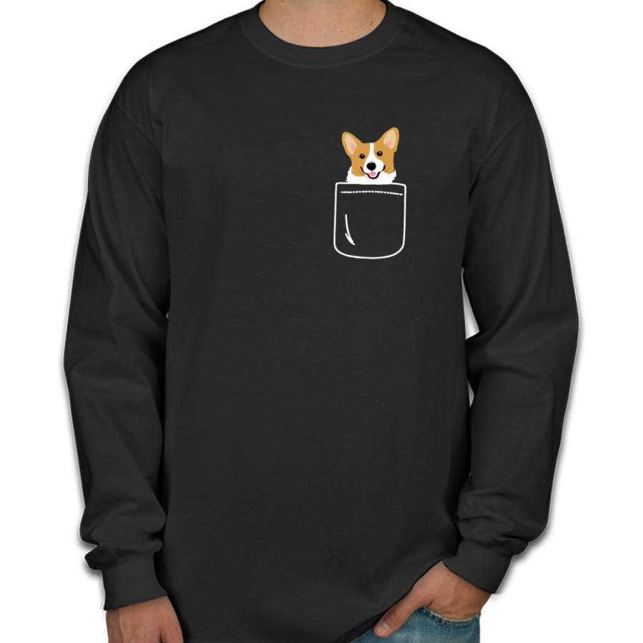 Corgi In Pocket Funny Cute Puppy Big Happy Smile Men Long Sleeve Shirt