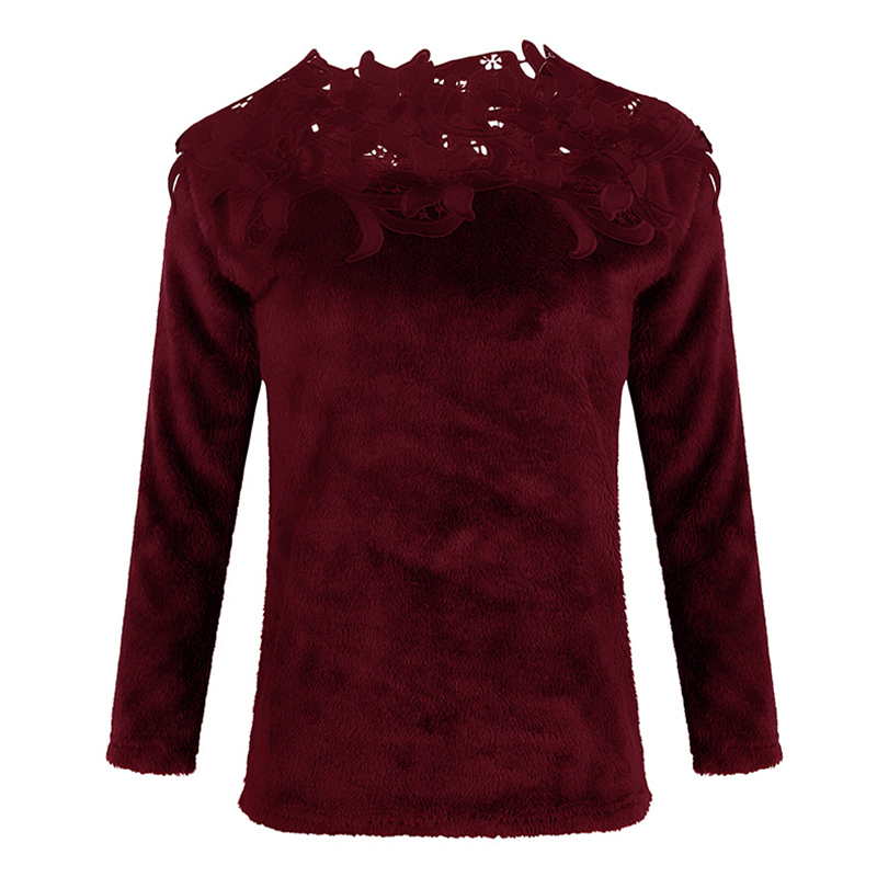 Women’s Sexy Elegant Plush Jumper Plus Size Lace Hollow Sweater 2021 Autumn Winter Warm Fleece Cold Blouse Pure Color Pullover alx