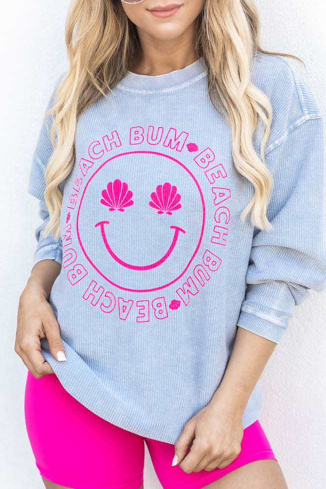 Beach Bum Shell Smiley Faded Denim Corded Graphic Sweatshirt