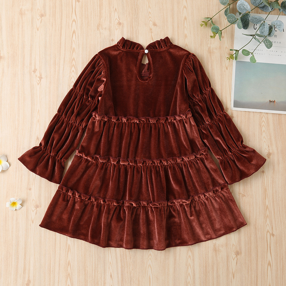 Autumn Winter 2022 New Girls Dress Long Sleeve Velvet Turtleneck Wine Red Black Pleated Solid Cute Sweet Baby Vestidos 2-6T alx