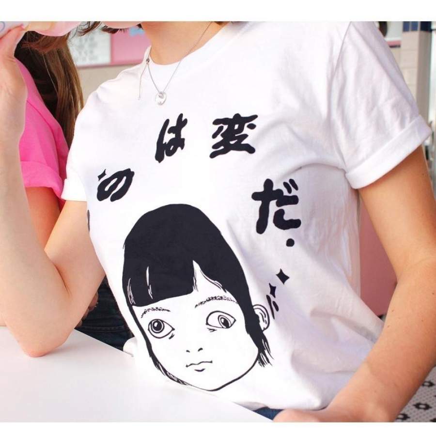 Things are Weird Cool Girl Printed Cartoon Loose Short Sleeved White Simple Japanese Shirt