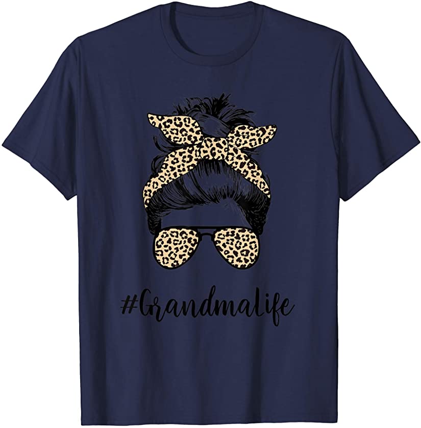 Grandma Life Messy Bun Hair Bandana Leopard Mother’s Day T-Shirt