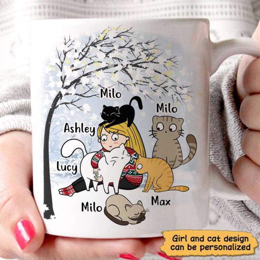 A Girl Hugging Her Cats Personalized Mug