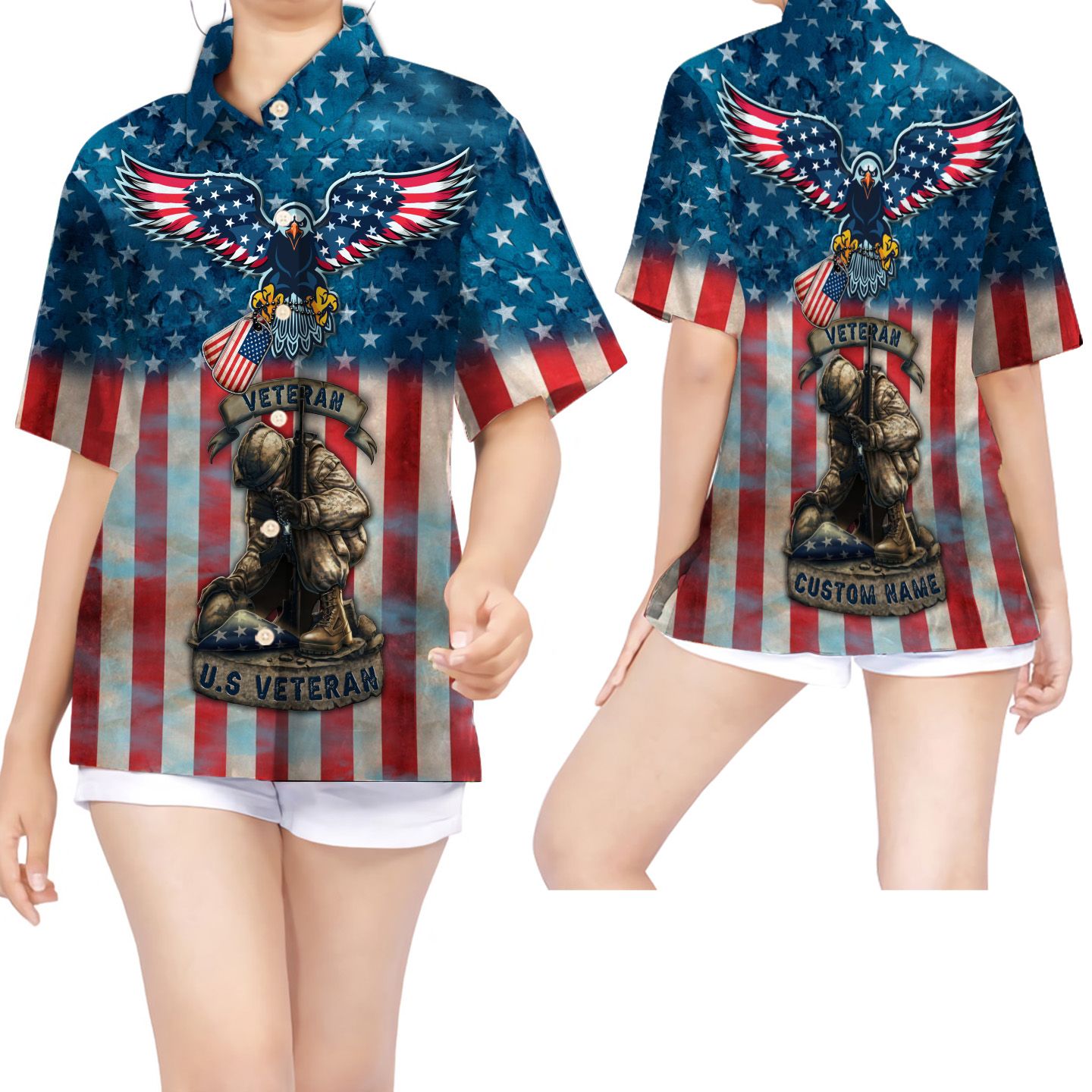 Eagle American Flag Us Veteran Custom Name Women Hawaii Shirt For Veterans Ha26136