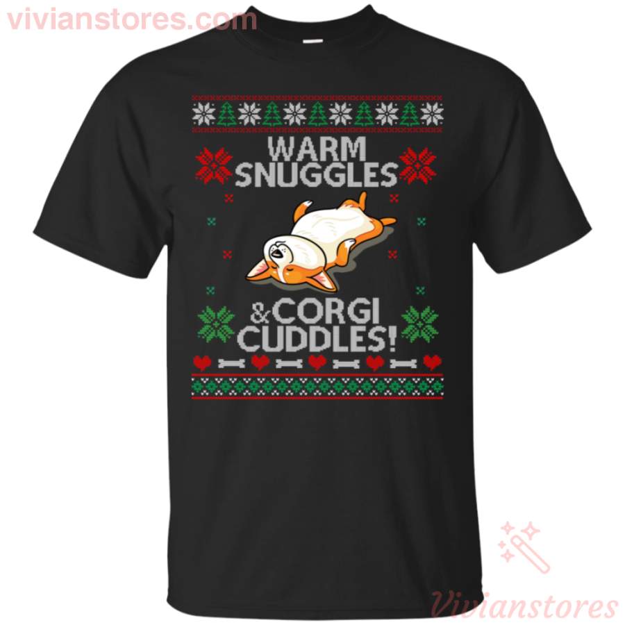 Warm Snuggles and Cute Corgi Cuddles Ugly Christmas T-Shirt