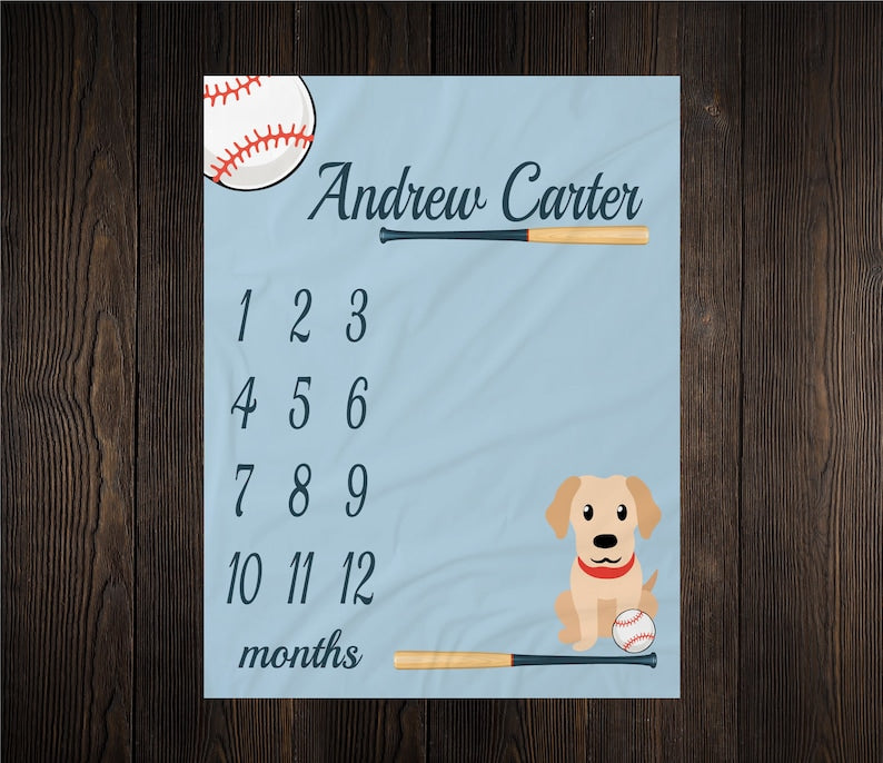 Personalized Baseball Milestone Blanket, Puppy Dog Monthly Growth Tracker, Baseball Blanket, Personalized Baby Boy Gift,