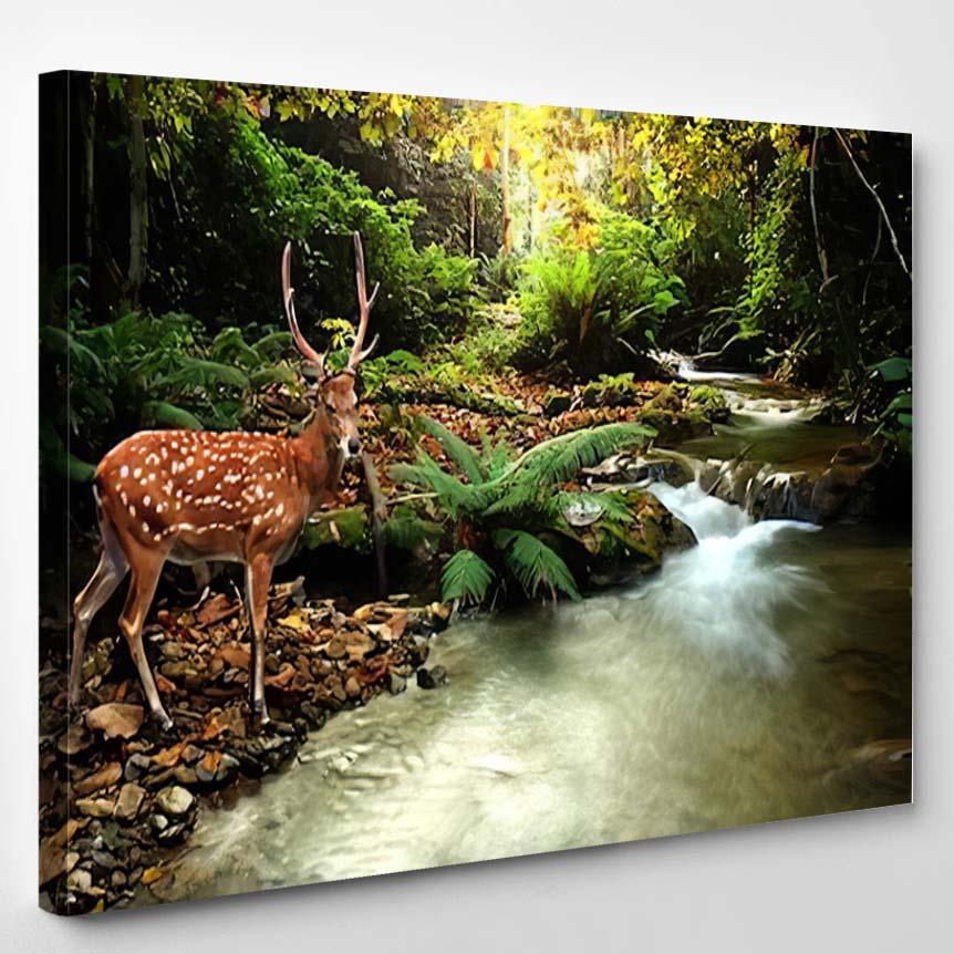 Tropical Stream Sika Deer – Deer Animals Canvas Print