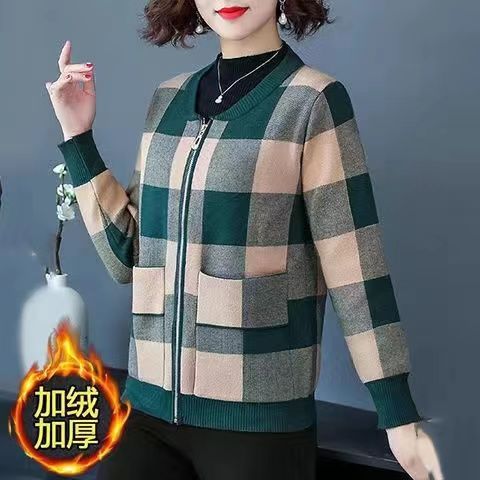 2022 Elegant Fashion Middle-Aged Mother Spring Autumn Casual Jacket Round Collar Long Sleeve Loose Plaid Coat Pocket Zipper Tops alx