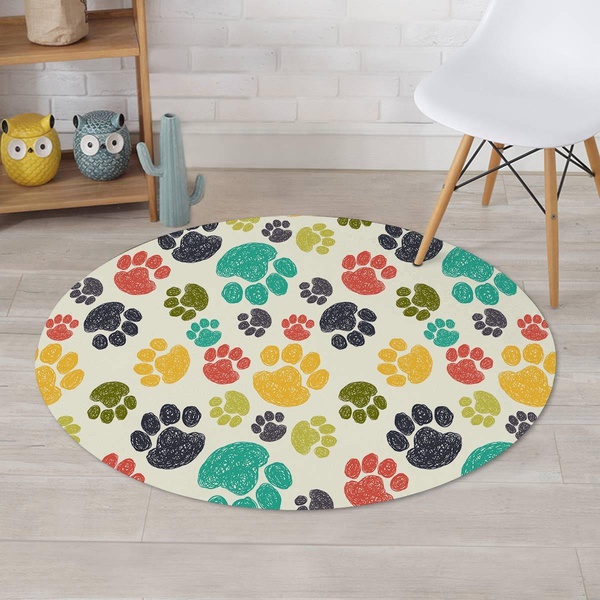 Colorful Doodle Paw Round Rug