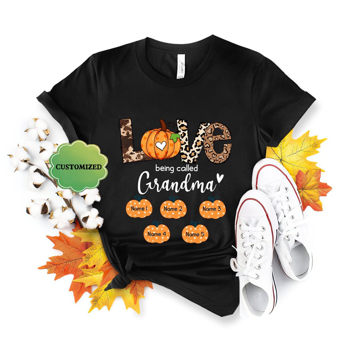 Personalized T-Shirt Love Being Called Grandma Cute Pumpkin Printed Leopard Design Custom Grandkid’S Name Fall Shirt