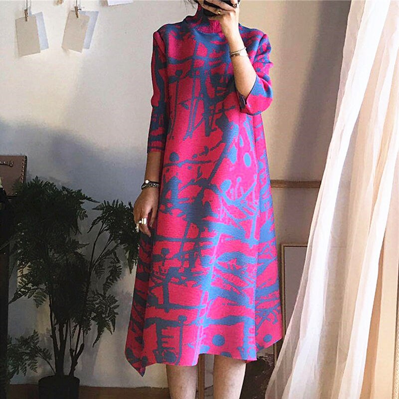 2022 Spring And Summer Fashion High-neck Age Reduction Base New Temperament Printing Loose Pleated Dress alx