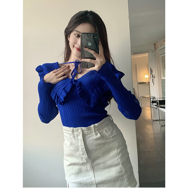 Sweet Pullovers 2022 Women’s Clothing Peter Pan Collar Ruffles Long Sleeve Jumper Pull Femme Knitted Korean Sweater Sueter Mujer alx