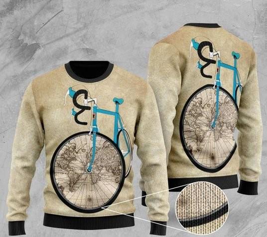 Bicycle And World Map Ugly Christmas Sweater | For Men & Women | Adult | Us5678