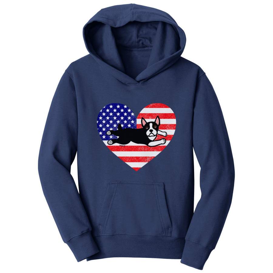 USA Flag Boston Terrier Puppy – Kids’ Unisex Hoodie Sweatshirt