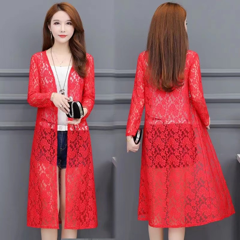 2022 Summer Lace Sunscreen Cardigan Fashion Women’s Mid-length Thin Coat with Matching Skirt Top Mesh Shawl Casual Lady Cardigan alx