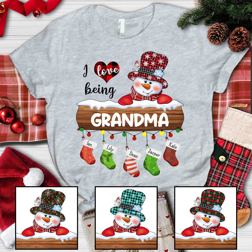 Personalized I Love Being Grandma Snowman Stockings Christmas Shirt Hn98