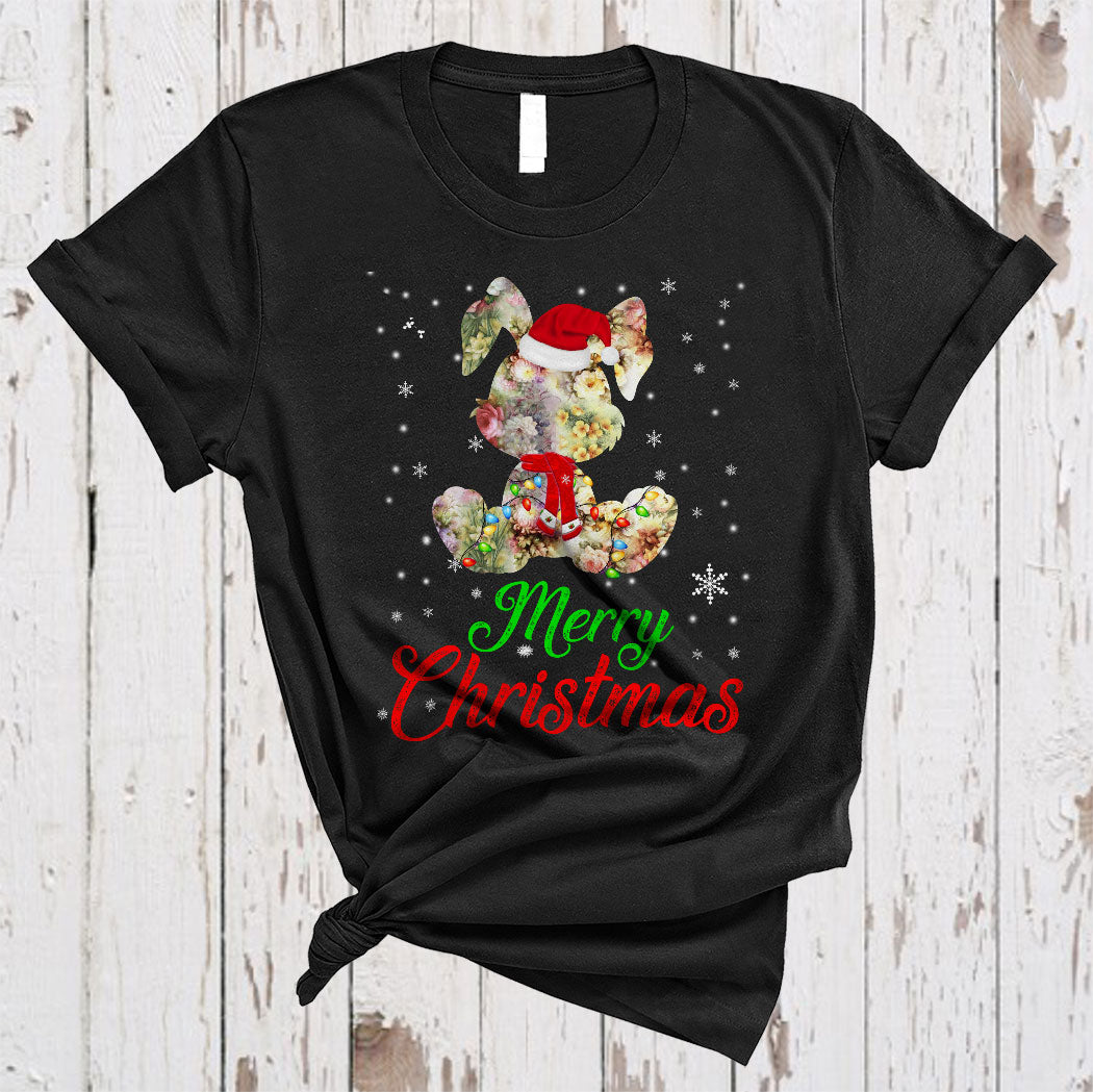 Merry Christmas Cute Xmas Lights Floral Bunny Animal Wearing Santa Hat Lover Gifts T-Shirt