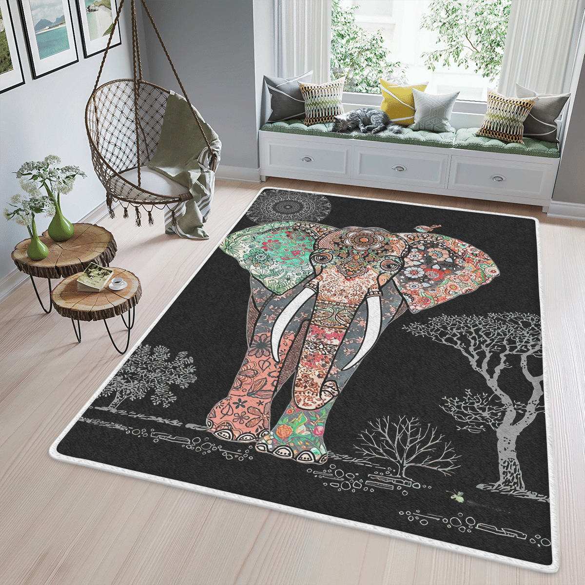 Wooni Elephant Mandala Area Rug Rectangle Rug Wn101173