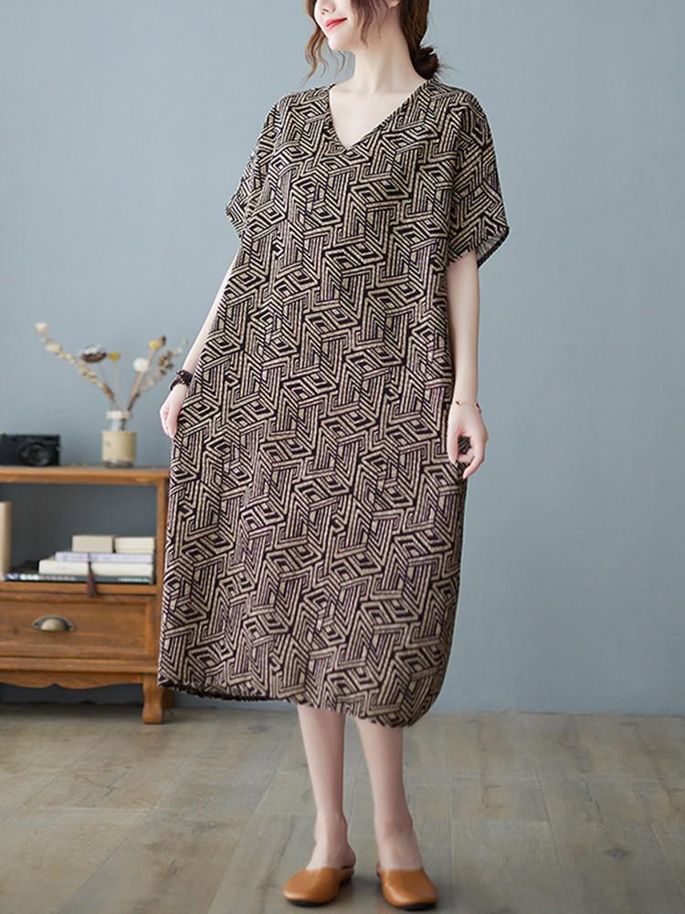 Women Summer Casual Dress New Arrival 2022 Vintage Style V-neck Print Loose Comfortable Female Cotton Linen Long Dresses B1738 alx