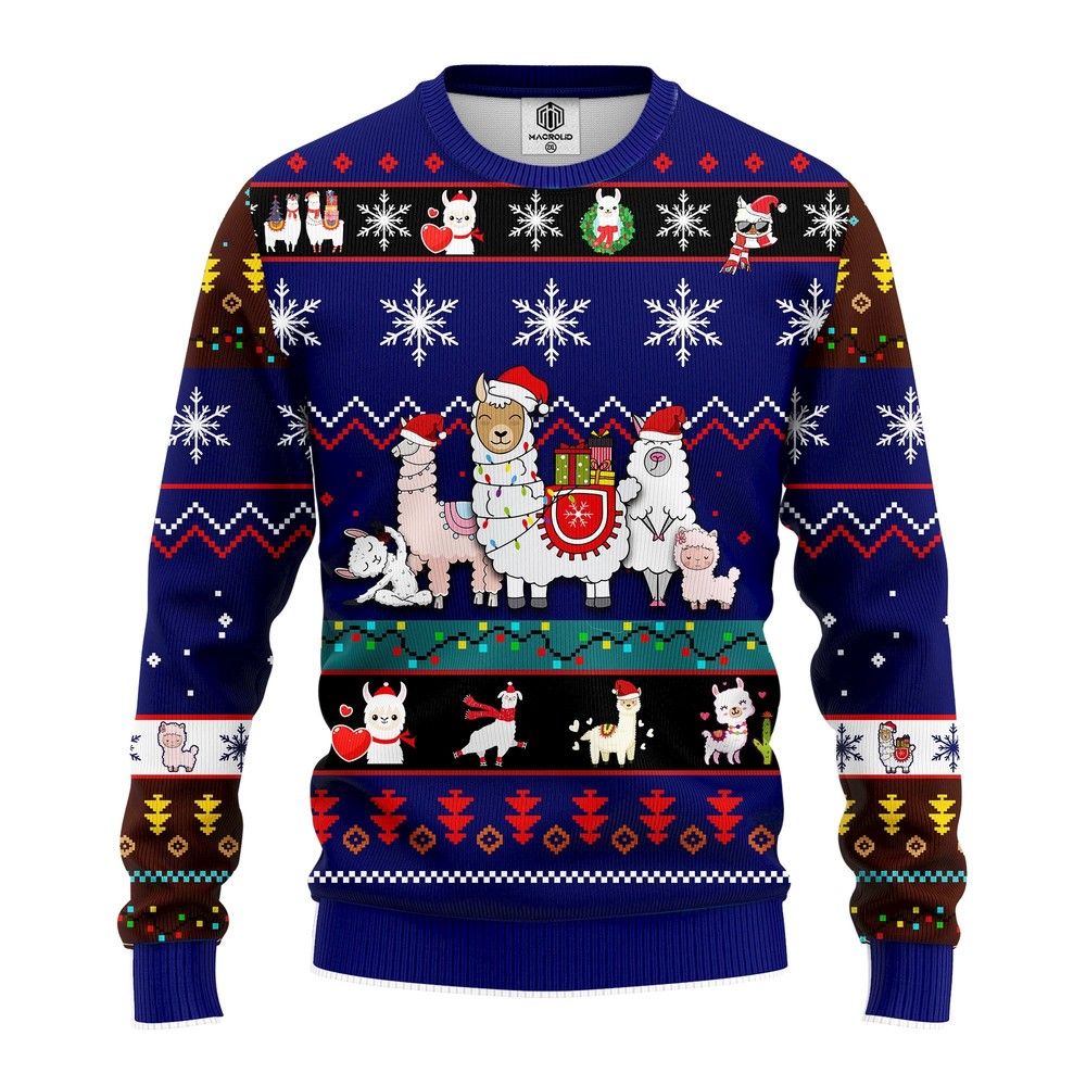 Unifinz Llama Christmas Sweater Llama Family Blue Ugly Sweater 2022