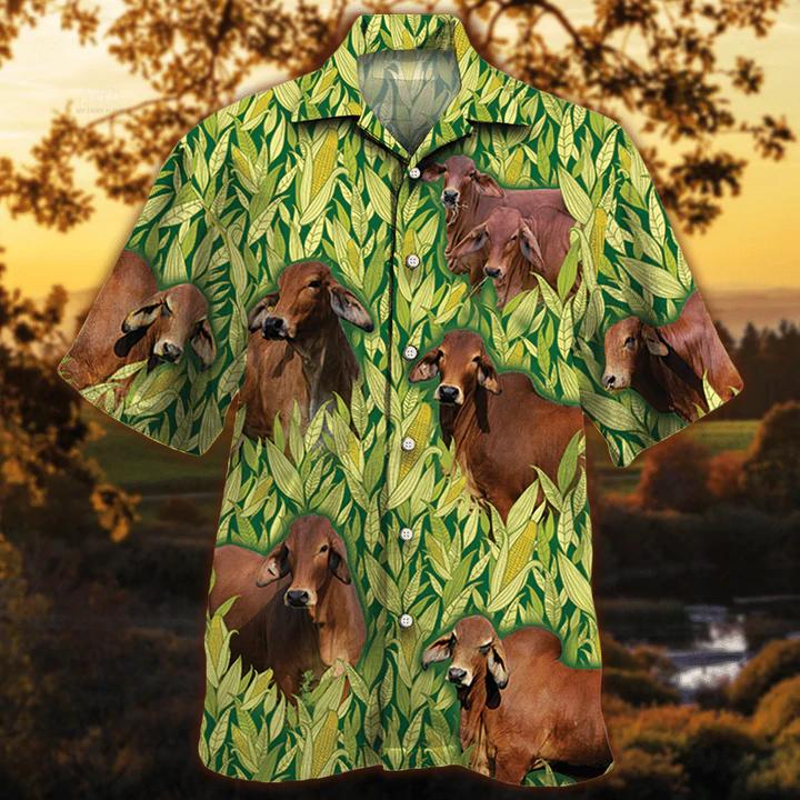 Red Brahman Cattle Lovers Corn Pattern Hawaii Vintage Farm Hawaii Shirts For Men Ha109245