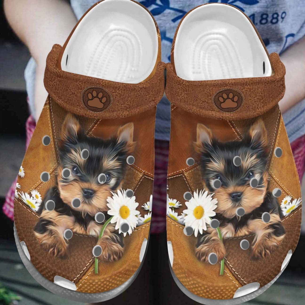 Yorkie Personalize Clog, Custom Name, Text, Fashion Style For Women, Men, Kid, Print 3D Whitesole Daisy Yorkie