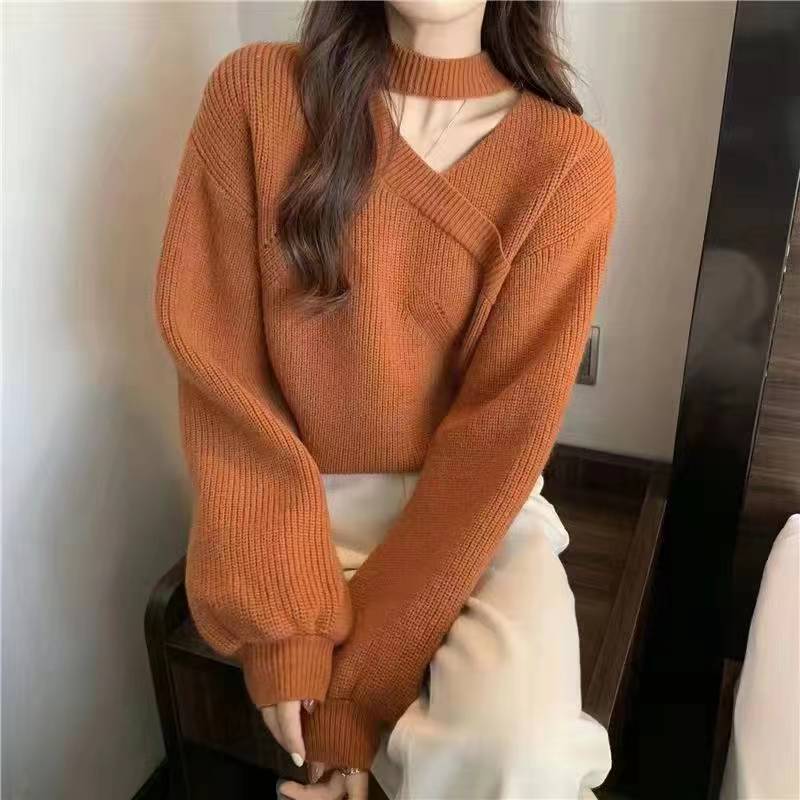 Bubble Sleeve Sweater Women 2022 Halter Pullover Long Sleeve V Neck Sexy Knitted Sweater Solid Jumper Knitwear Clothes I781 alx