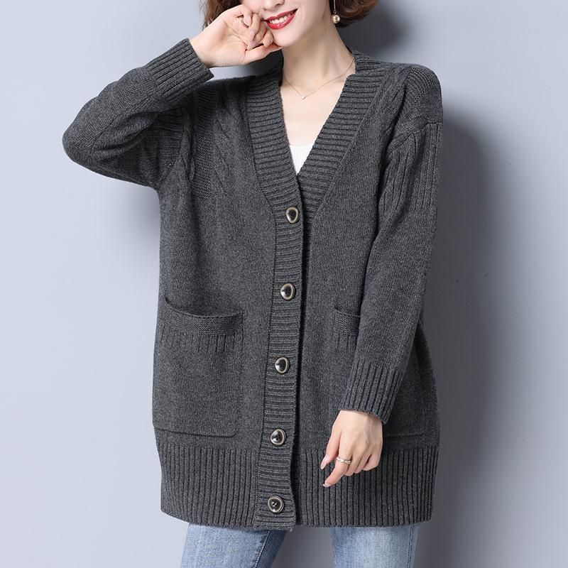 Autumn Winter Long All-match Fashion Women Sweater Coat Pockets Button Long Sleeve V-Neck Warm Loose Solid Casual Knit Cardigans alx