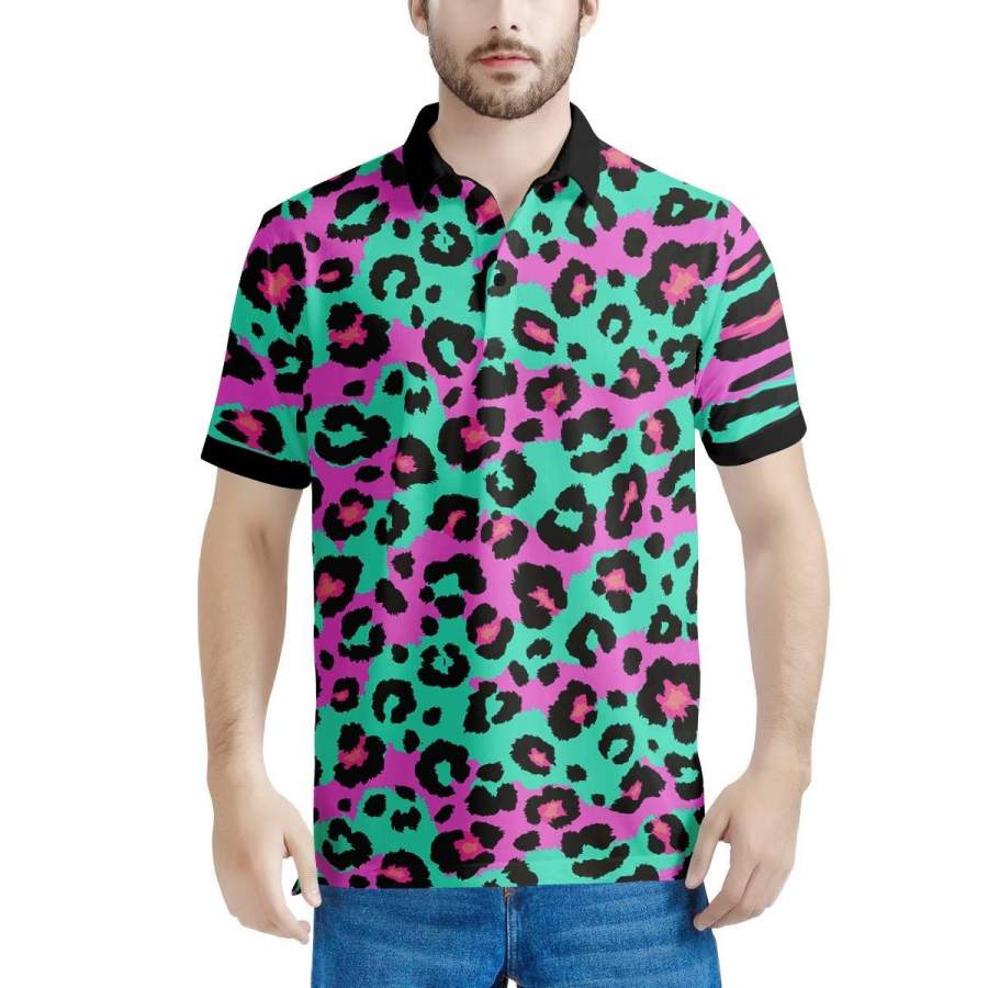 Teal Pink Leopard Men’s Polo Shirts