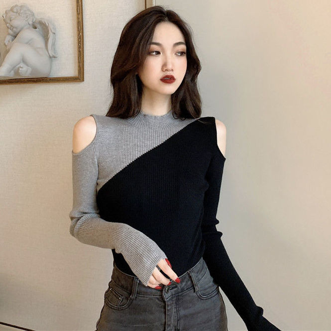 Woman Sweaters Pull Hiver Retro Autumn and Winter Shoulder-Baring Sweater Female Splicing Pullover Sexy Top Femme Chandails alx