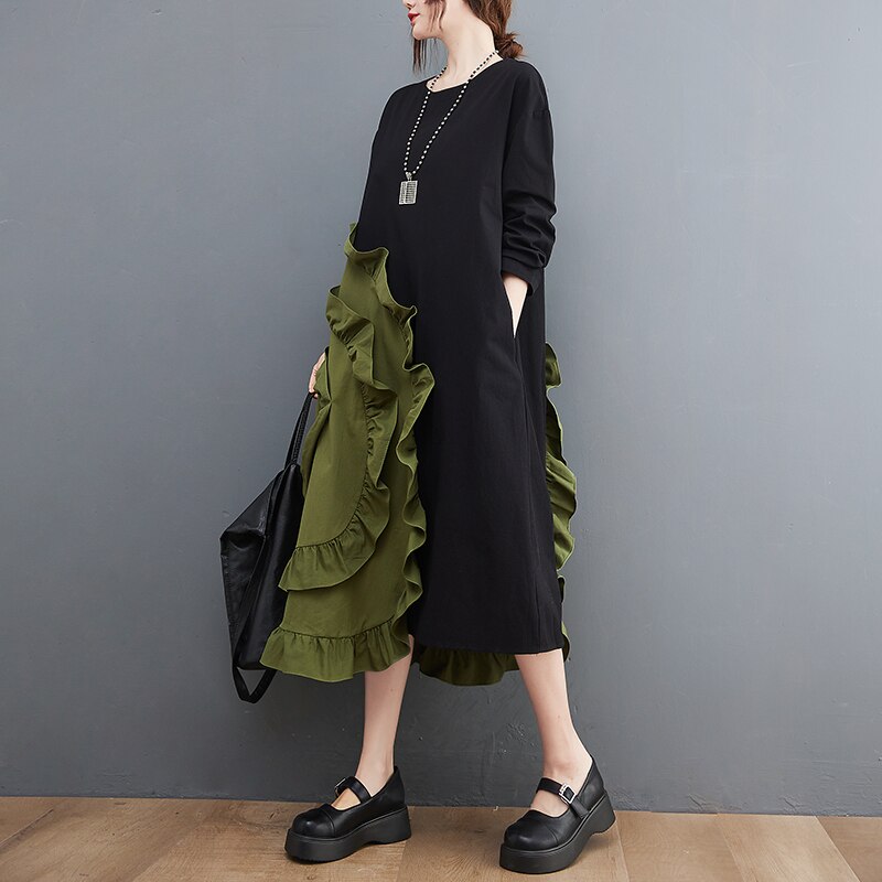 2022 New Arrival Patchwork Ruffle Korea Style Street Fashion Women Autumn Dress Loose Women Casual Spring Dress Lady Work Dress alx