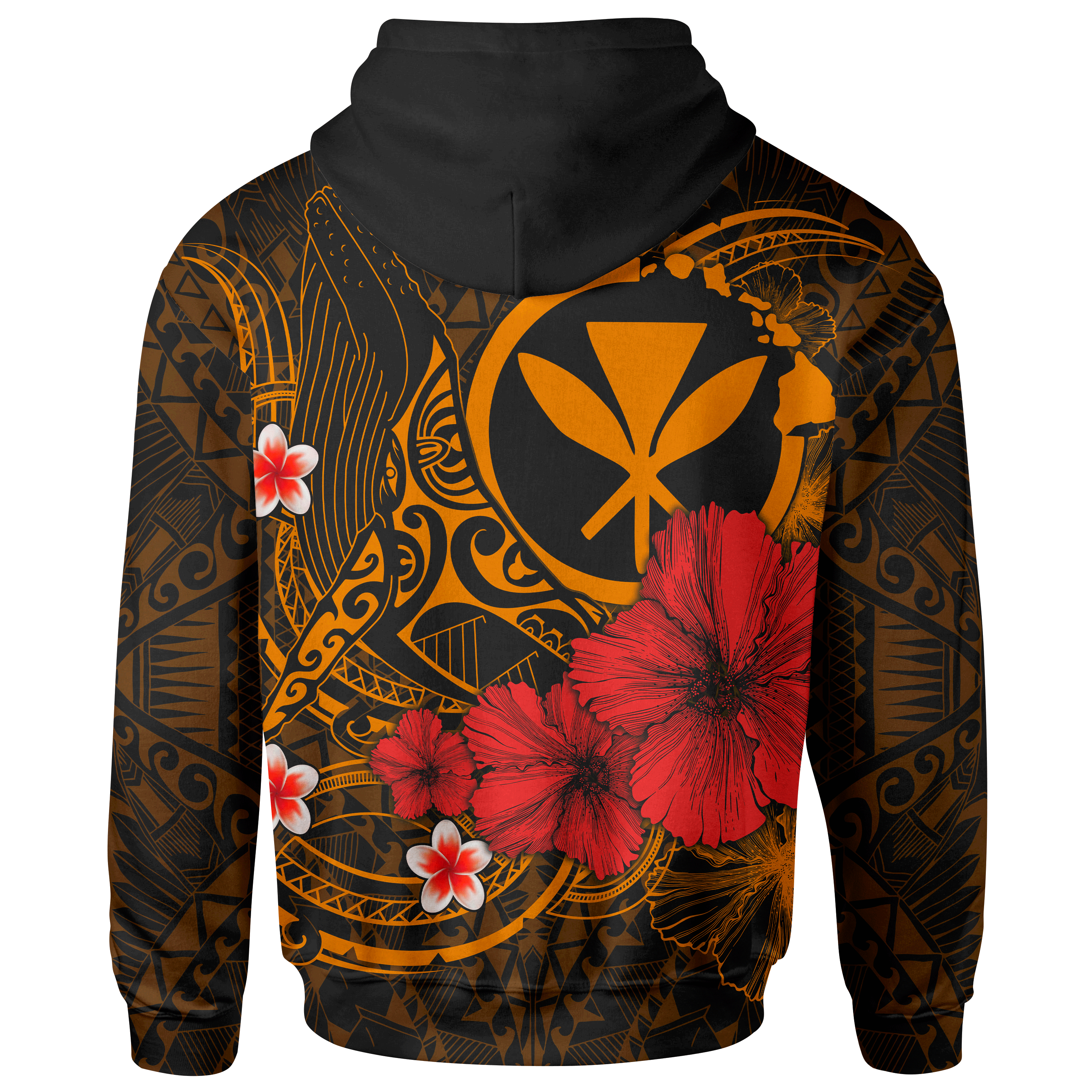 Polynesian Hawaii  Kanaka Maoli Zip-Up Hoodie – Humpback Whale With Hibiscus (Golden)