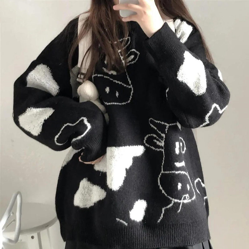 Cute Cow Print Sweater Autumn Winter Long Sleeve Knitted Pullover Women Casual Loose Lazy Clothes Korean Harajuku Streetwear alx